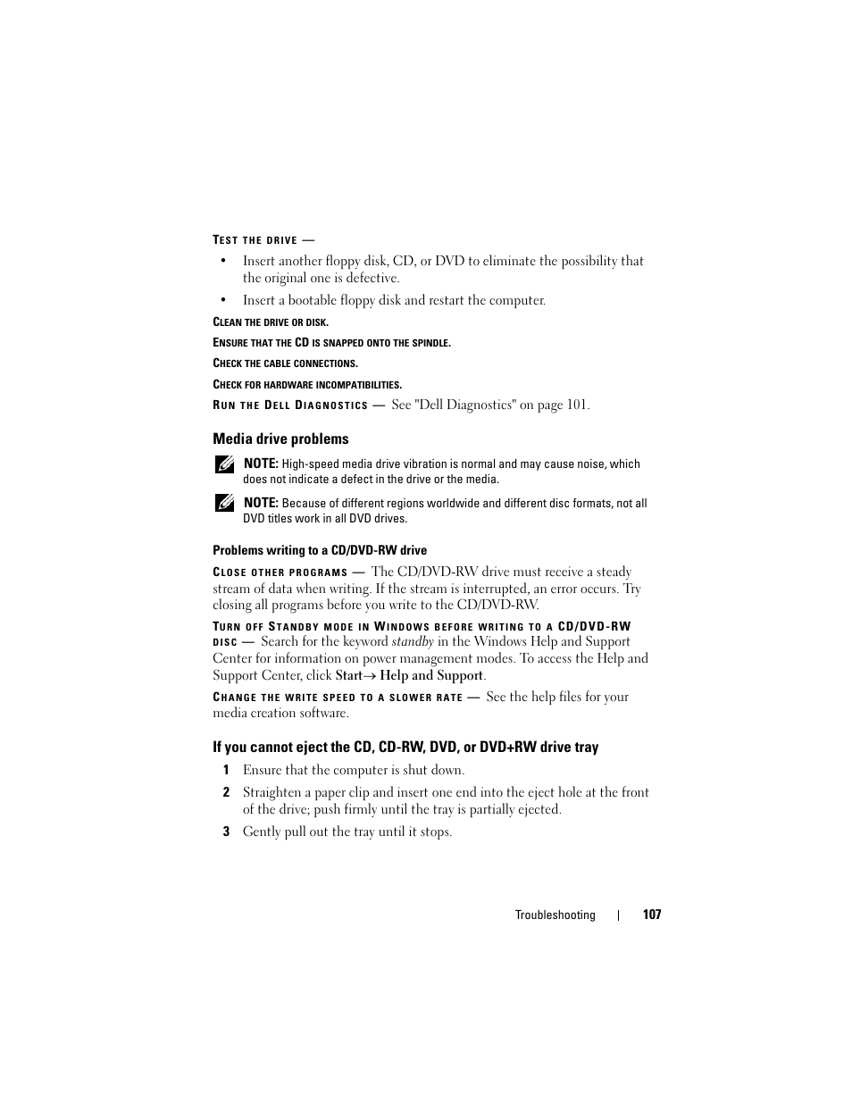 Media drive problems | Dell Latitude D630C (Late 2008) User Manual | Page 107 / 218