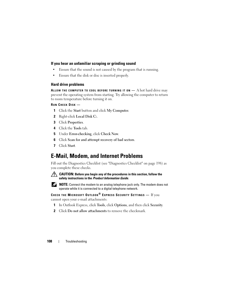 Hard drive problems, E-mail, modem, and internet problems | Dell Latitude D630C (Late 2008) User Manual | Page 108 / 218