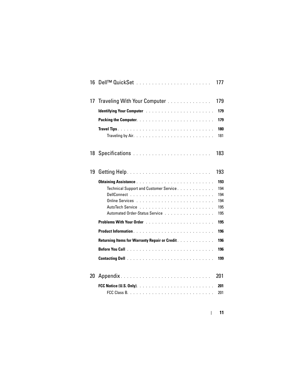 16 dell™ quickset, 18 specifications, 20 appendix | Dell Latitude D630C (Late 2008) User Manual | Page 11 / 218