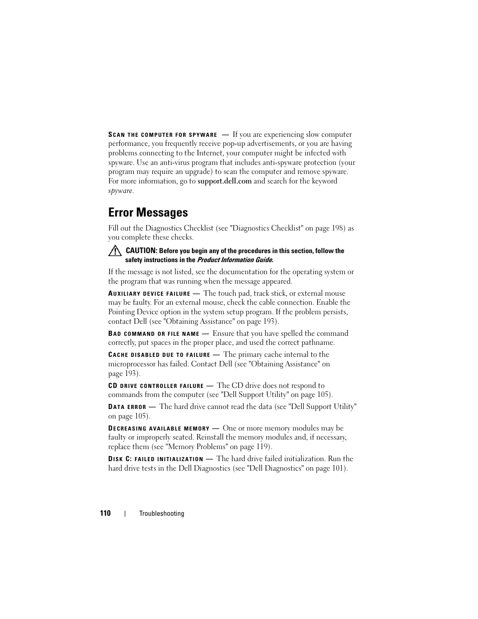 Error messages | Dell Latitude D630C (Late 2008) User Manual | Page 110 / 218