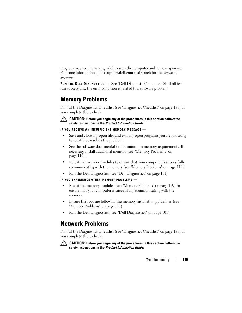 Memory problems, Network problems | Dell Latitude D630C (Late 2008) User Manual | Page 119 / 218