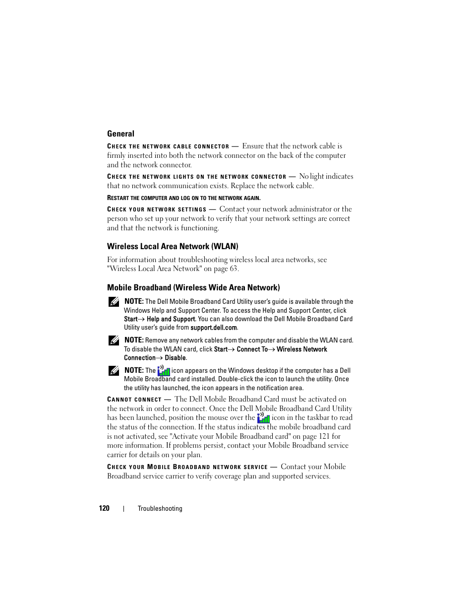 General, Wireless local area network (wlan), Mobile broadband (wireless wide area network) | Dell Latitude D630C (Late 2008) User Manual | Page 120 / 218