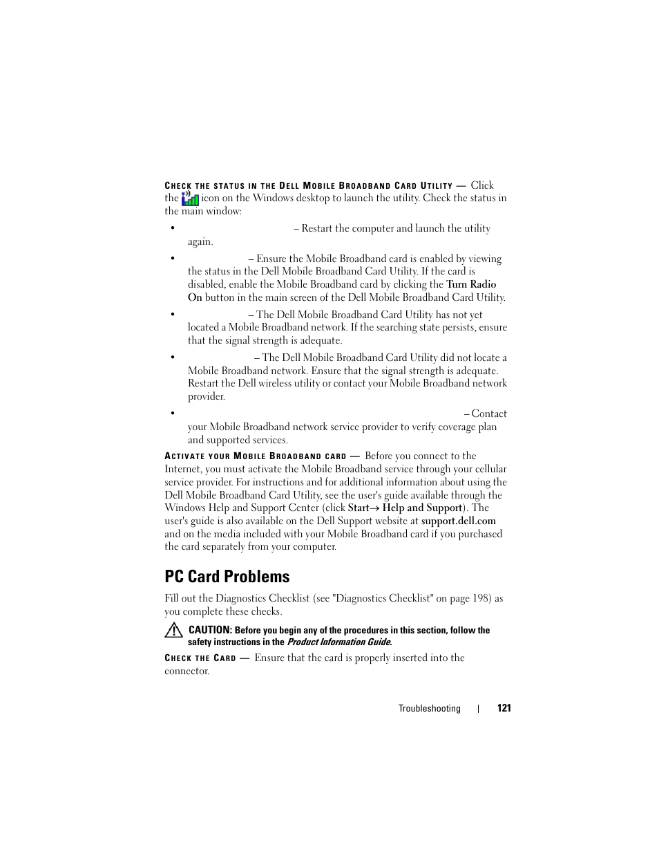 Pc card problems | Dell Latitude D630C (Late 2008) User Manual | Page 121 / 218