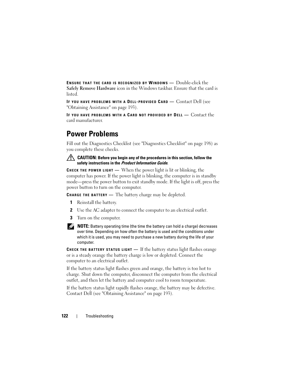 Power problems | Dell Latitude D630C (Late 2008) User Manual | Page 122 / 218