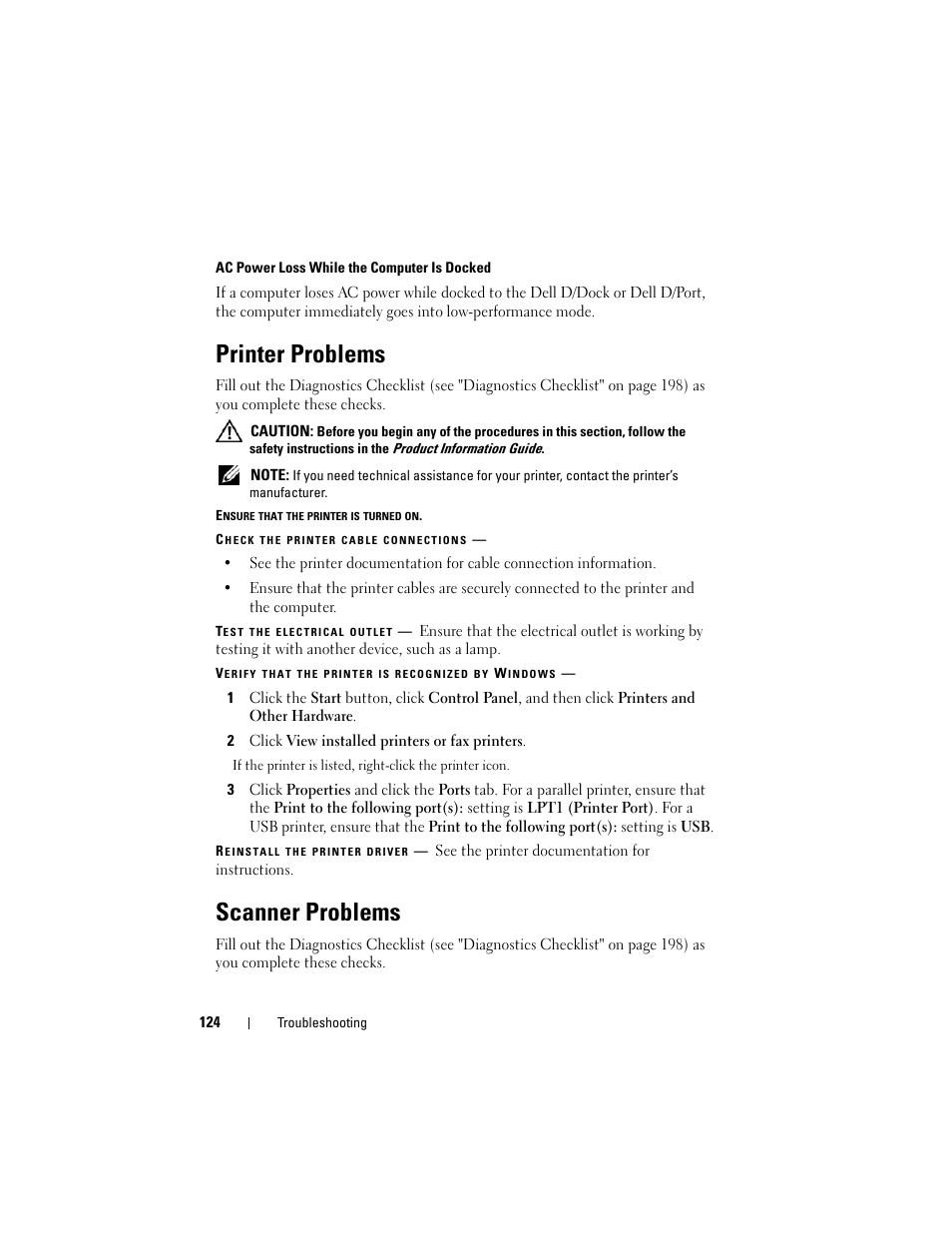 Printer problems, Scanner problems | Dell Latitude D630C (Late 2008) User Manual | Page 124 / 218