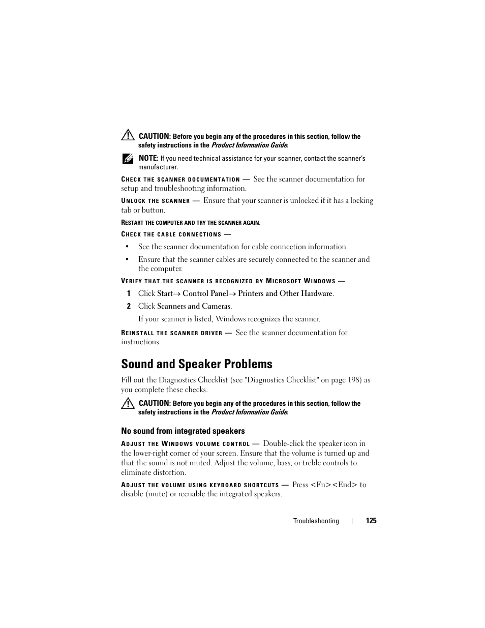 Sound and speaker problems, No sound from integrated speakers | Dell Latitude D630C (Late 2008) User Manual | Page 125 / 218