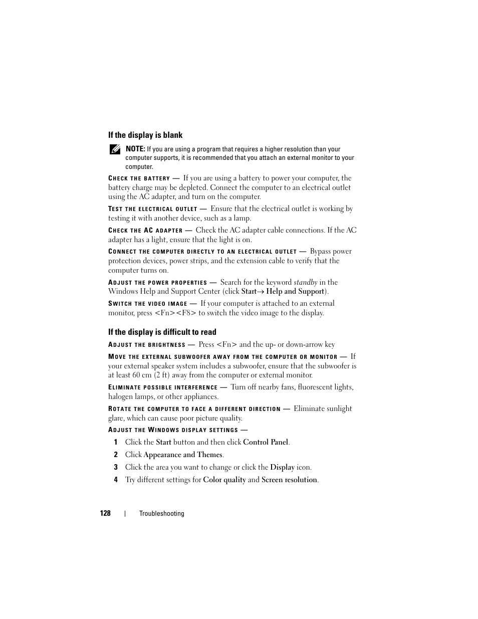 If the display is blank, If the display is difficult to read | Dell Latitude D630C (Late 2008) User Manual | Page 128 / 218