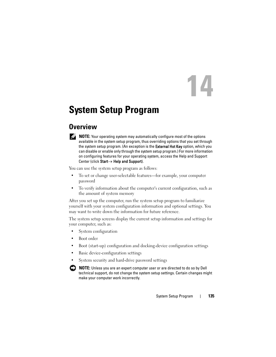 System setup program, Overview, System setup | Dell Latitude D630C (Late 2008) User Manual | Page 135 / 218