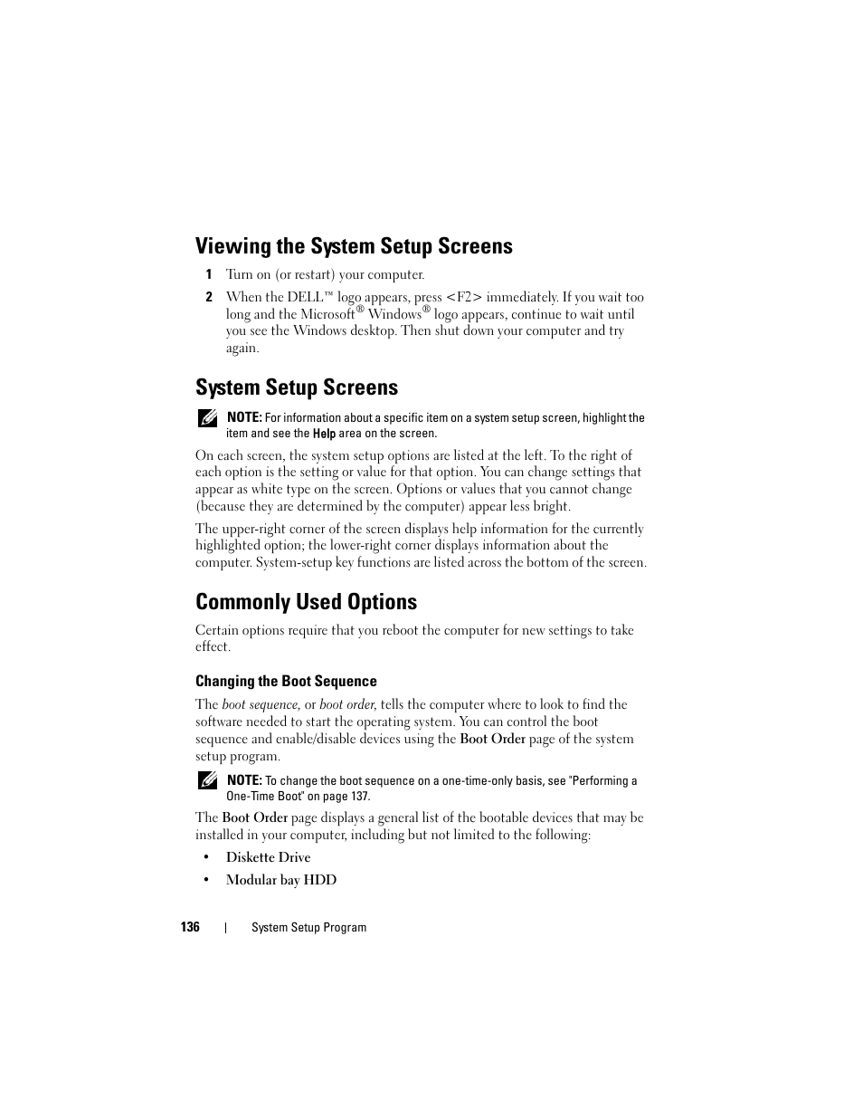Viewing the system setup screens, System setup screens, Commonly used options | Changing the boot sequence | Dell Latitude D630C (Late 2008) User Manual | Page 136 / 218