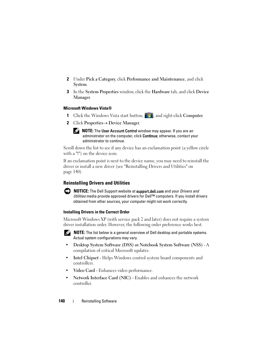 Reinstalling drivers and utilities, Reinstalling drivers and, See "reinstalling drivers and utilities" on | Dell Latitude D630C (Late 2008) User Manual | Page 140 / 218