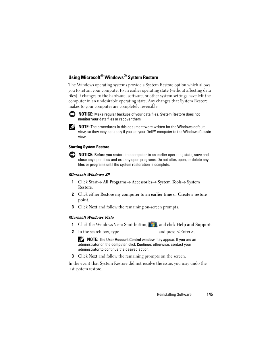 Using microsoft® windows® system restore, Using microsoft | Dell Latitude D630C (Late 2008) User Manual | Page 145 / 218