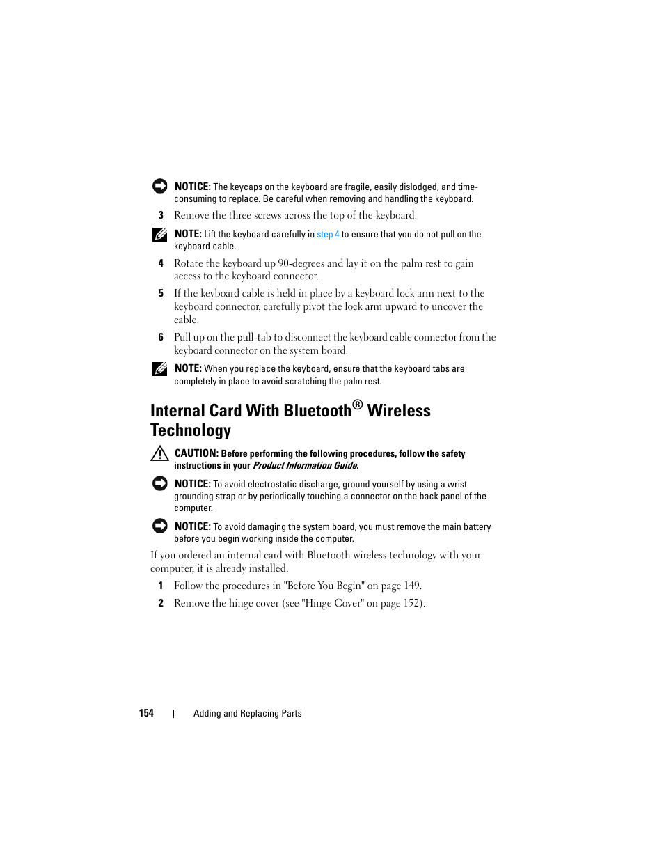 Internal card with bluetooth® wireless technology, Internal card with bluetooth, Wireless technology | Dell Latitude D630C (Late 2008) User Manual | Page 154 / 218