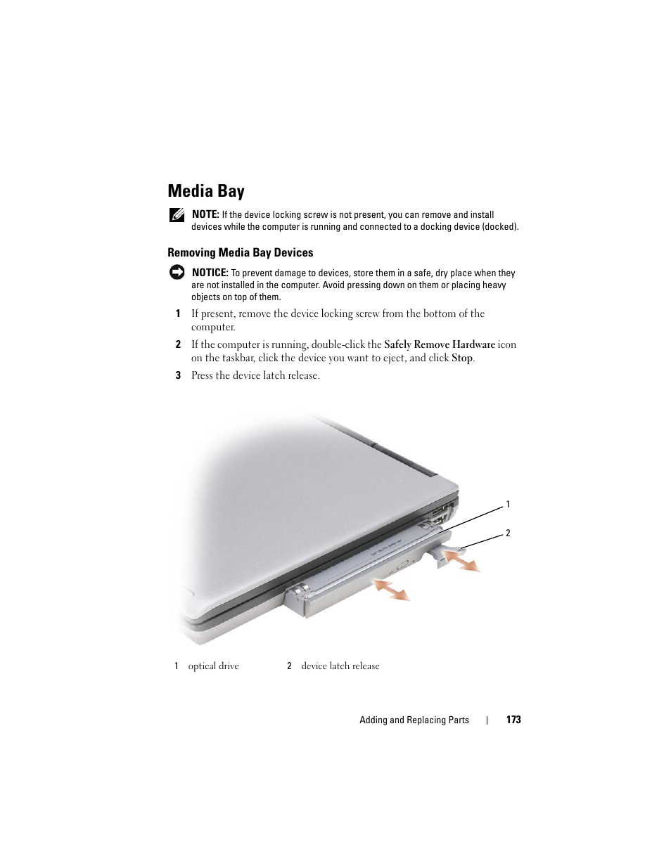 Media bay, Removing media bay devices | Dell Latitude D630C (Late 2008) User Manual | Page 173 / 218