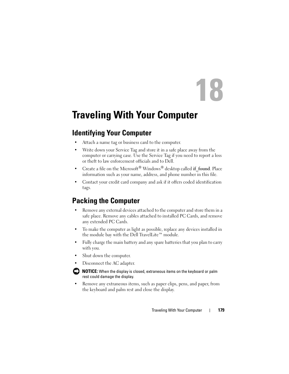 Traveling with your computer, Identifying your computer, Packing the computer | Dell Latitude D630C (Late 2008) User Manual | Page 179 / 218