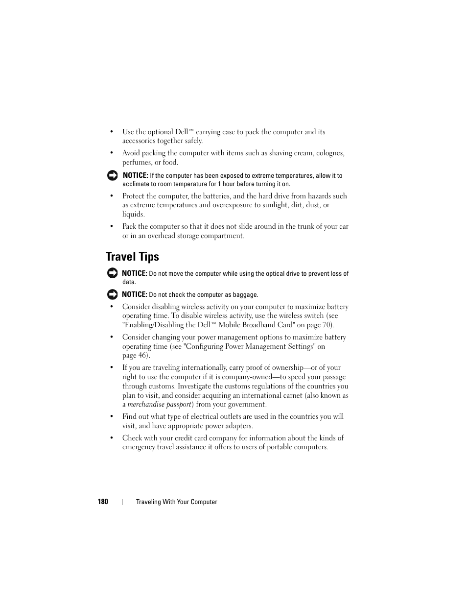 Travel tips | Dell Latitude D630C (Late 2008) User Manual | Page 180 / 218