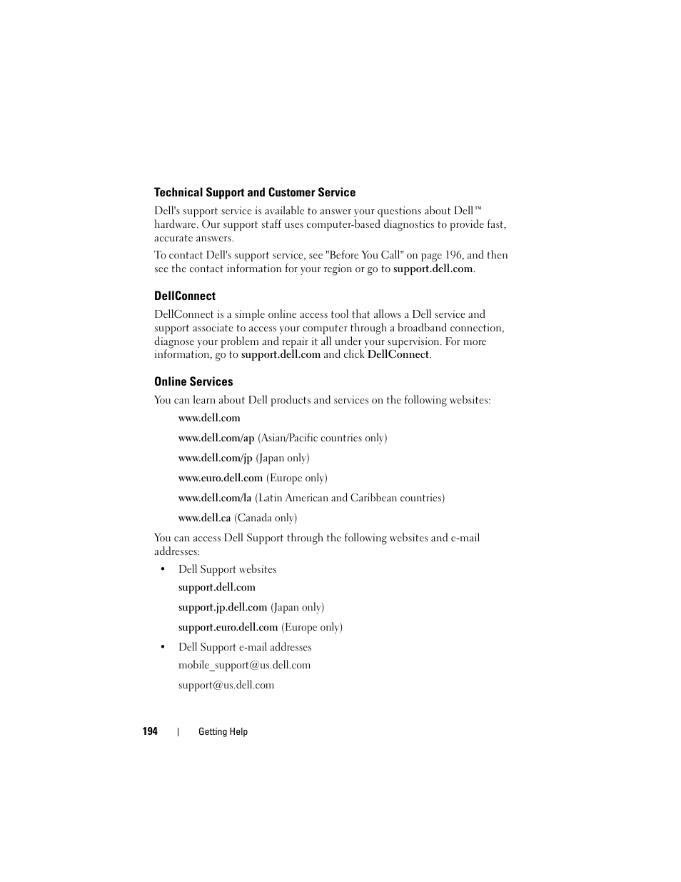 Technical support and customer service, Dellconnect, Online services | Pport, see "technical support and | Dell Latitude D630C (Late 2008) User Manual | Page 194 / 218