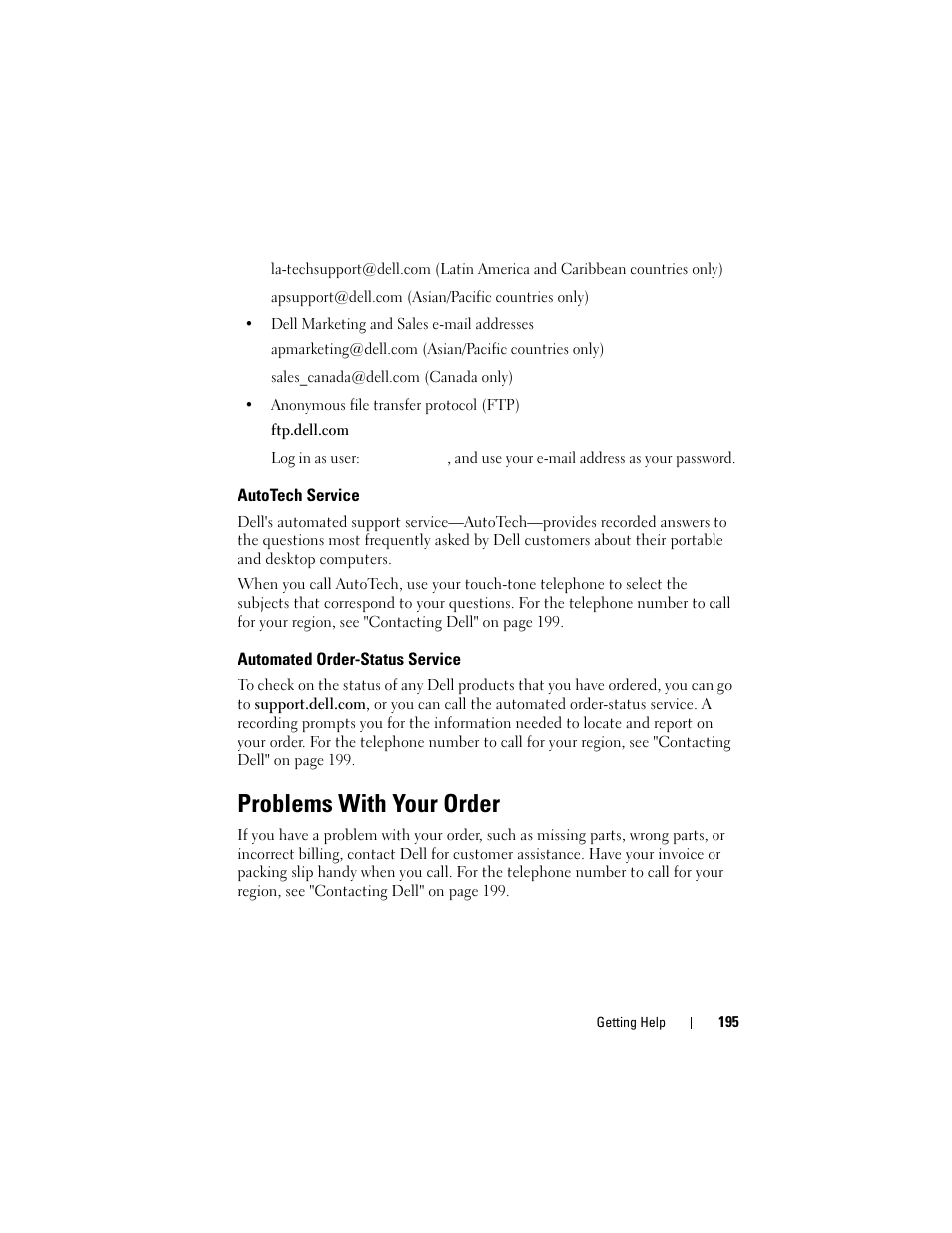 Autotech service, Automated order-status service, Problems with your order | Dell Latitude D630C (Late 2008) User Manual | Page 195 / 218