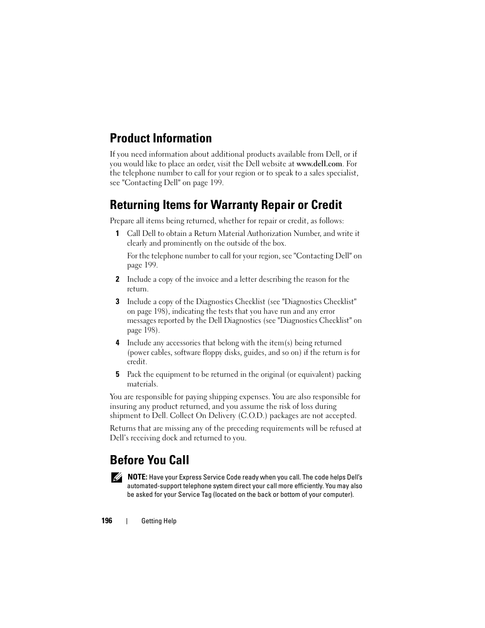 Product information, Returning items for warranty repair or credit, Before you call | Dell Latitude D630C (Late 2008) User Manual | Page 196 / 218