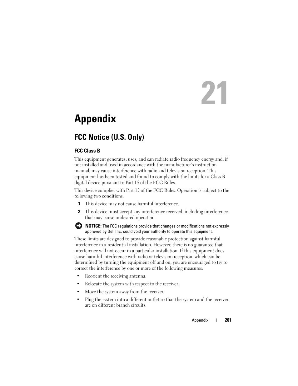 Appendix, Fcc notice (u.s. only), Fcc class b | Dell Latitude D630C (Late 2008) User Manual | Page 201 / 218