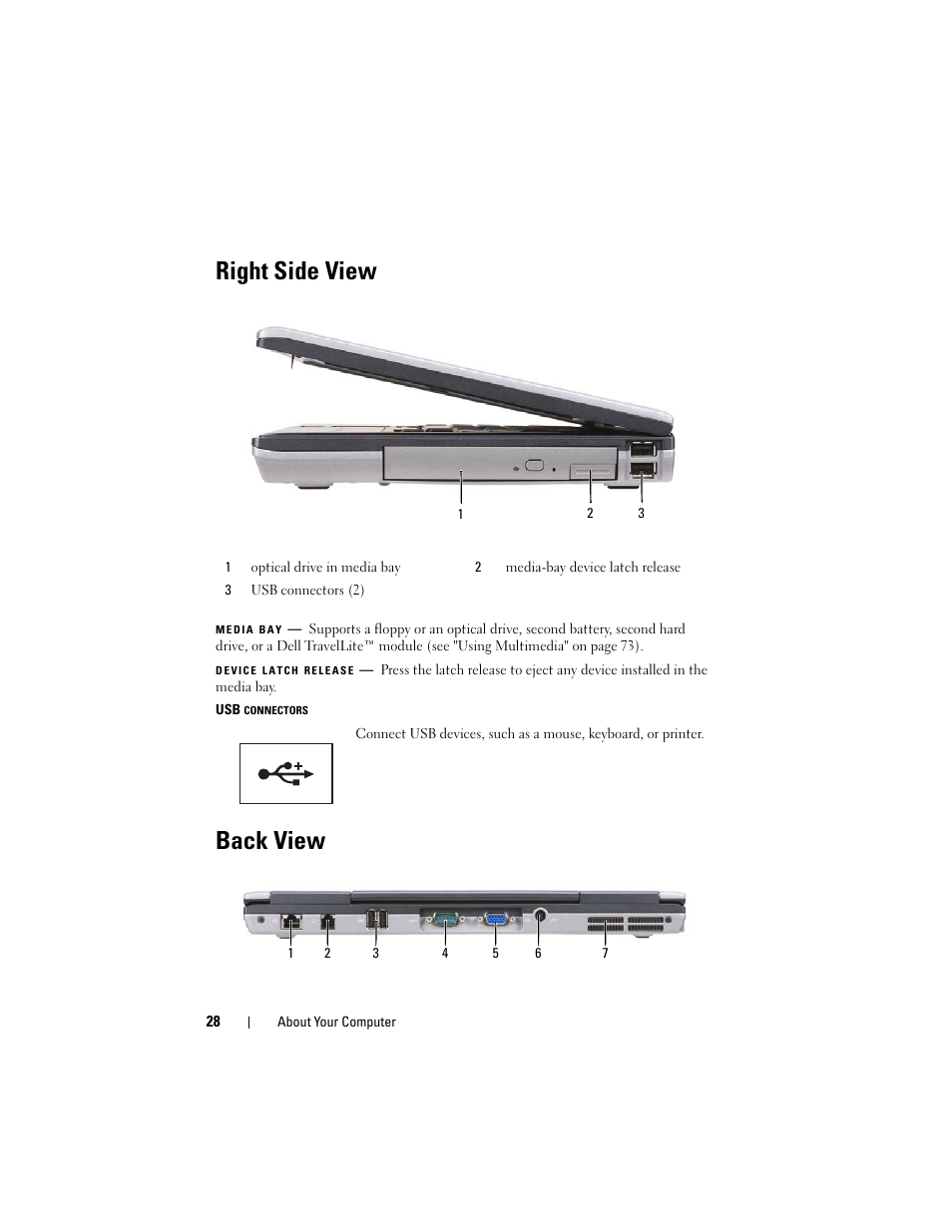 Right side view, Back view | Dell Latitude D630C (Late 2008) User Manual | Page 28 / 218