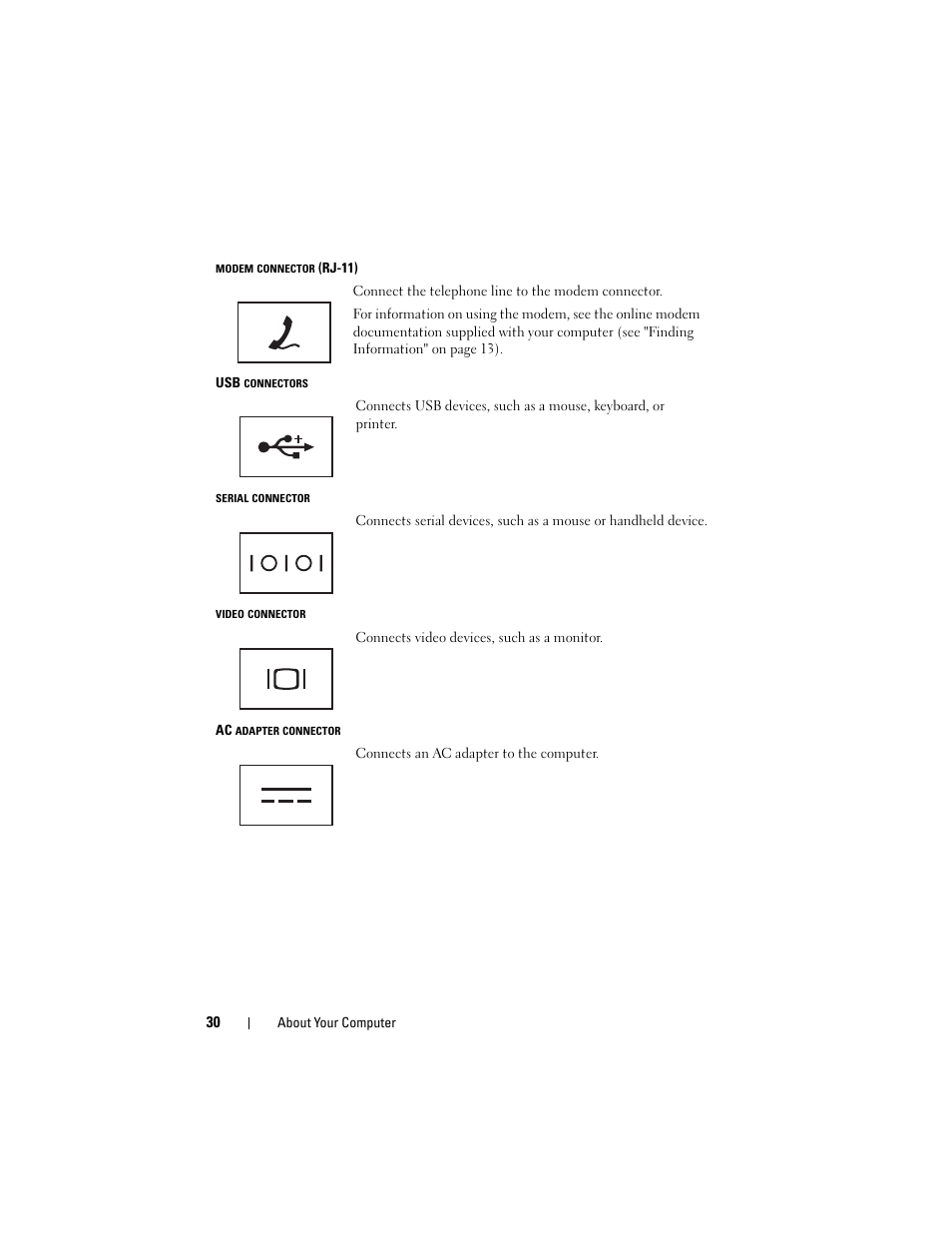 Modem connector (rj-11), Usb connectors (2), Serial connector | Video connector, Ac adapter connector | Dell Latitude D630C (Late 2008) User Manual | Page 30 / 218
