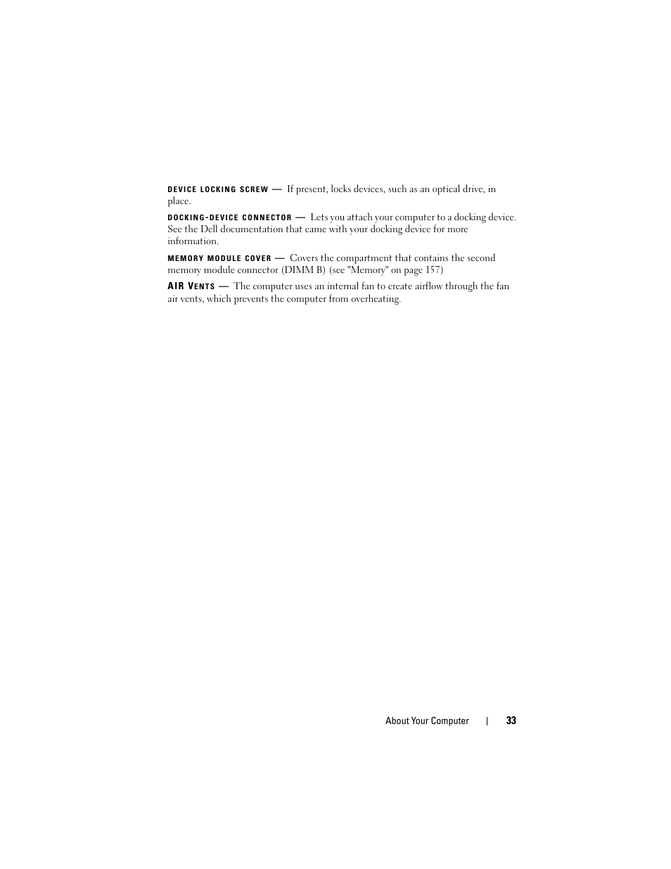 Device locking screw (if pr, Memory module cover, Docking-device connector | Device locking screw | Dell Latitude D630C (Late 2008) User Manual | Page 33 / 218
