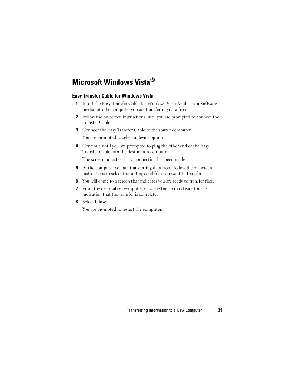 Microsoft windows vista, Easy transfer cable for windows vista | Dell Latitude D630C (Late 2008) User Manual | Page 39 / 218