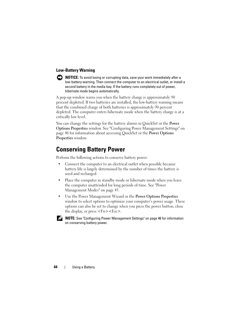 Low-battery warning, Conserving battery power | Dell Latitude D630C (Late 2008) User Manual | Page 44 / 218