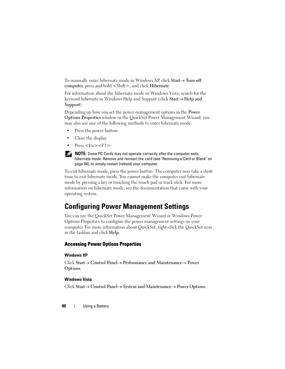 Configuring power management settings, Accessing power options properties, See "configuring power management settings" on | Dell Latitude D630C (Late 2008) User Manual | Page 46 / 218