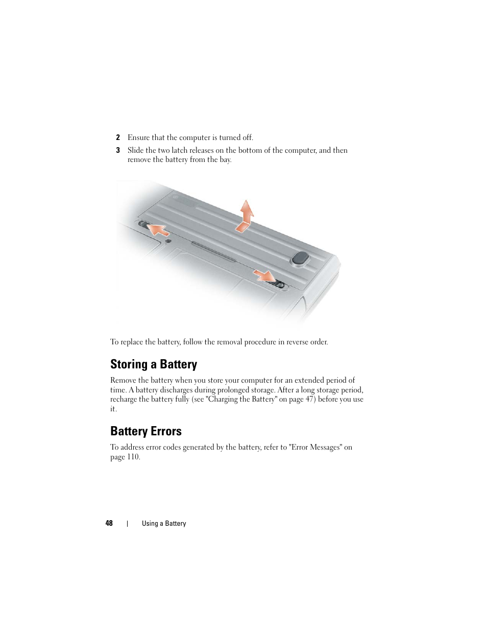 Storing a battery, Battery errors | Dell Latitude D630C (Late 2008) User Manual | Page 48 / 218