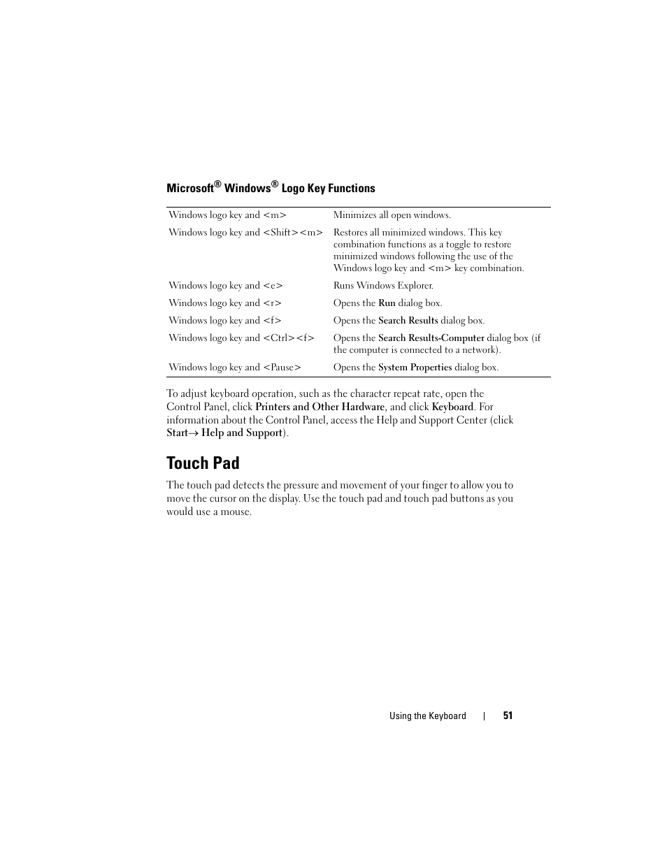 Microsoft® windows® logo key functions, Touch pad | Dell Latitude D630C (Late 2008) User Manual | Page 51 / 218