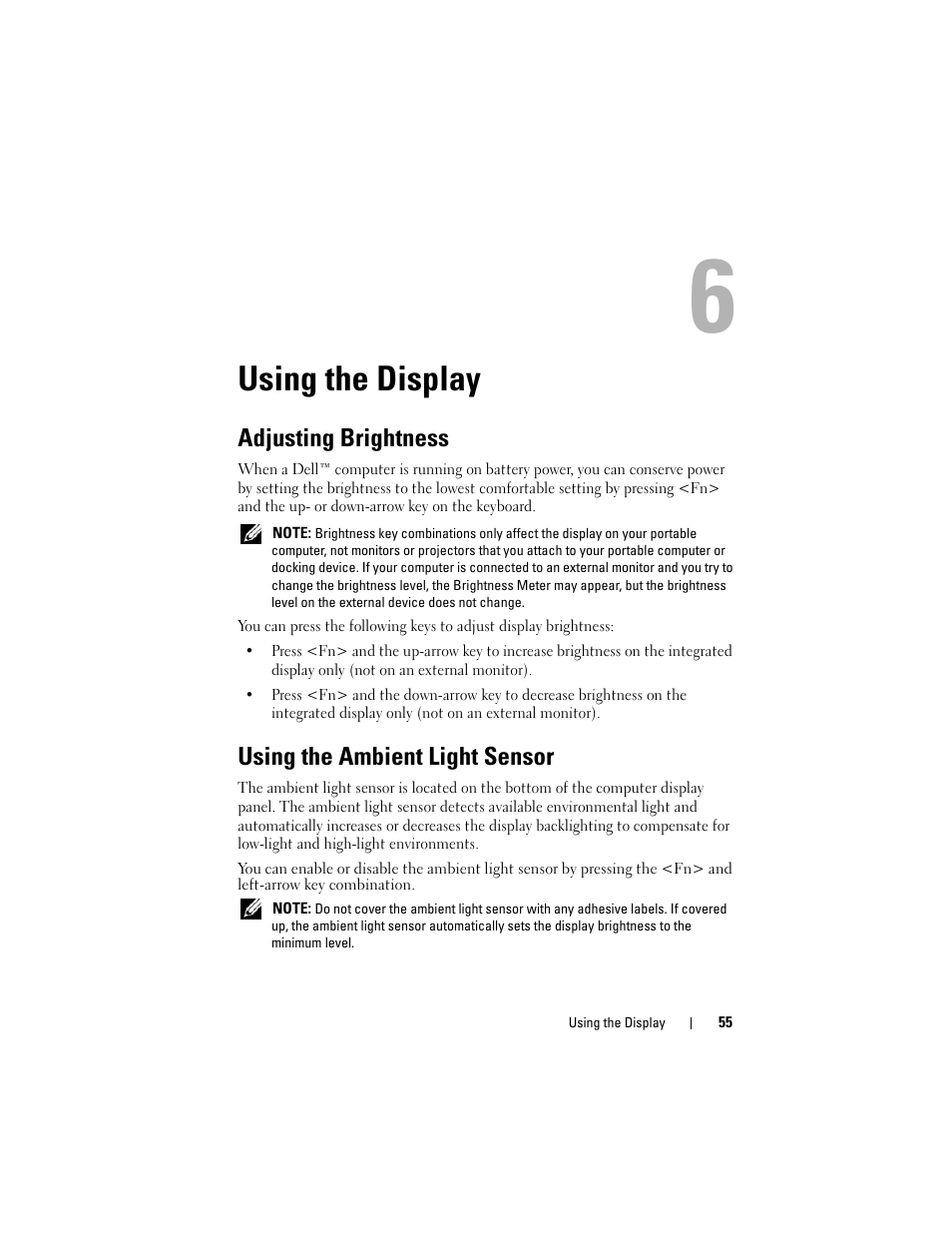 Using the display, Adjusting brightness, Using the ambient light sensor | Using the display" on | Dell Latitude D630C (Late 2008) User Manual | Page 55 / 218