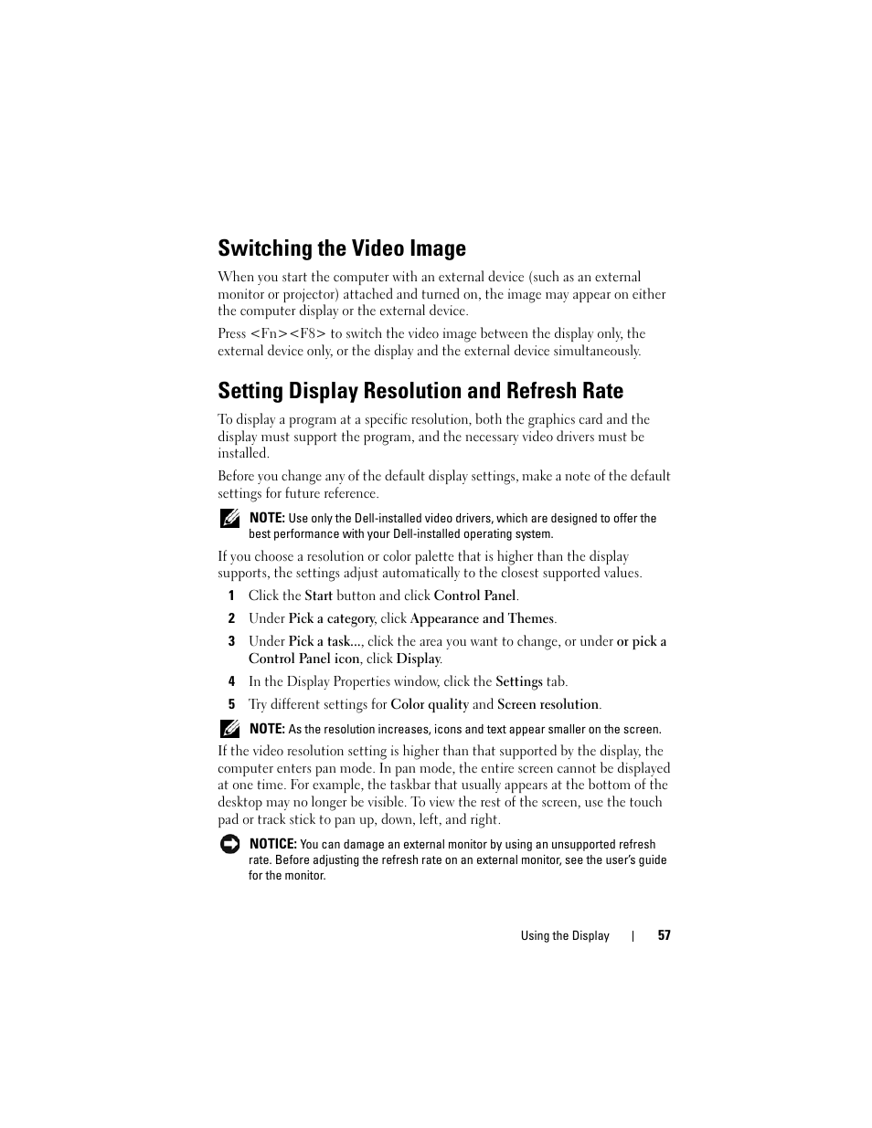 Switching the video image, Setting display resolution and refresh rate | Dell Latitude D630C (Late 2008) User Manual | Page 57 / 218
