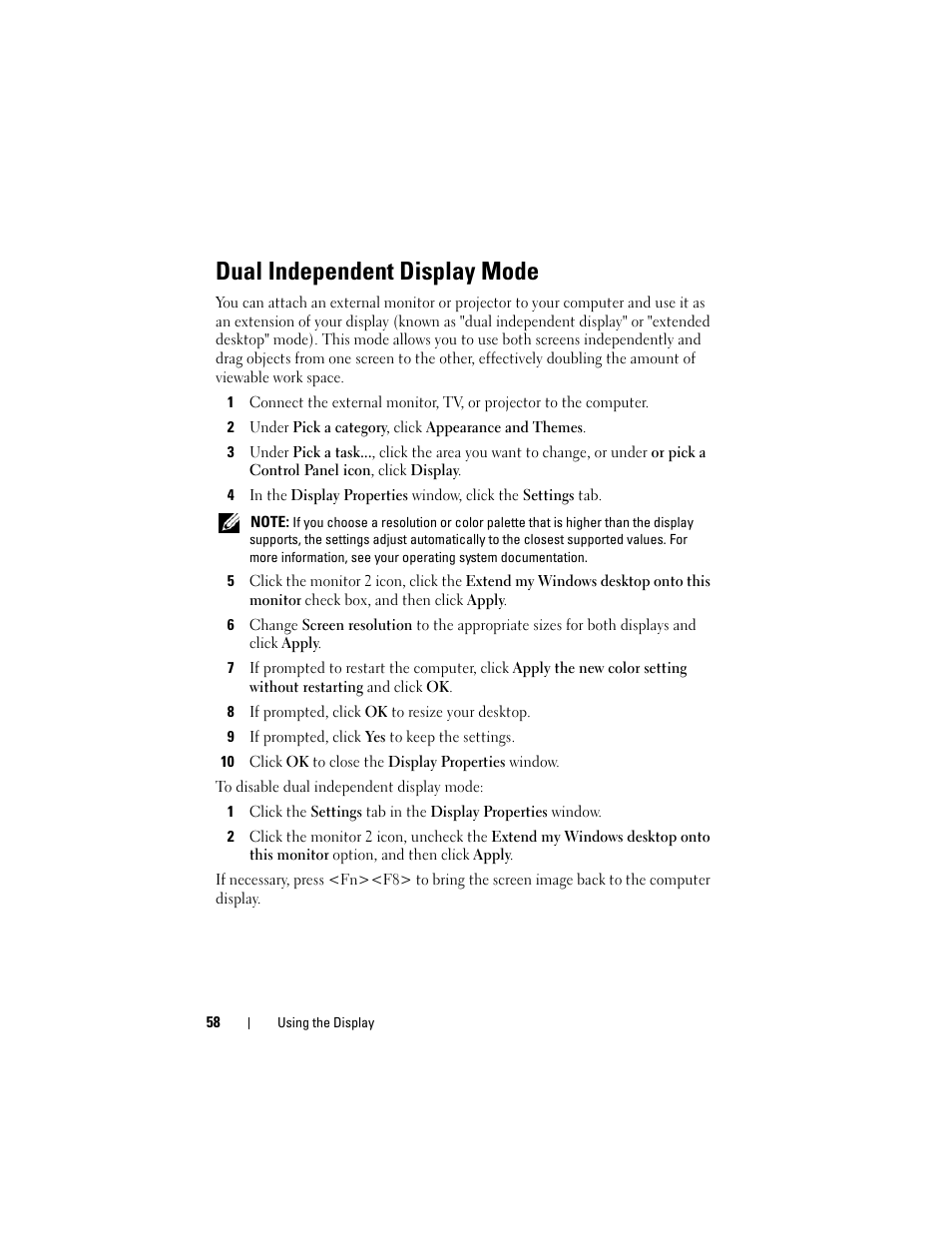 Dual independent display mode | Dell Latitude D630C (Late 2008) User Manual | Page 58 / 218