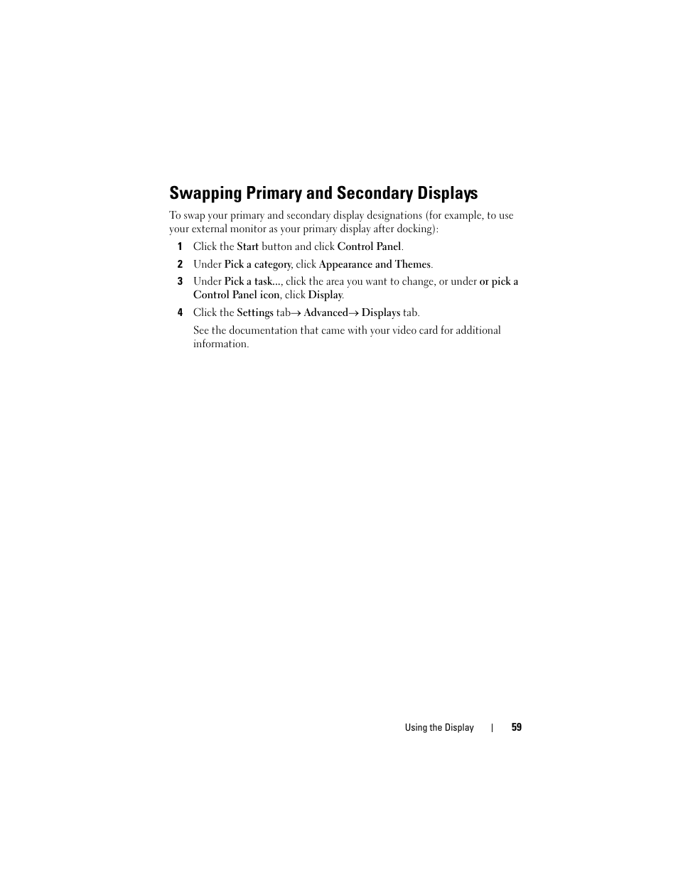 Swapping primary and secondary displays | Dell Latitude D630C (Late 2008) User Manual | Page 59 / 218