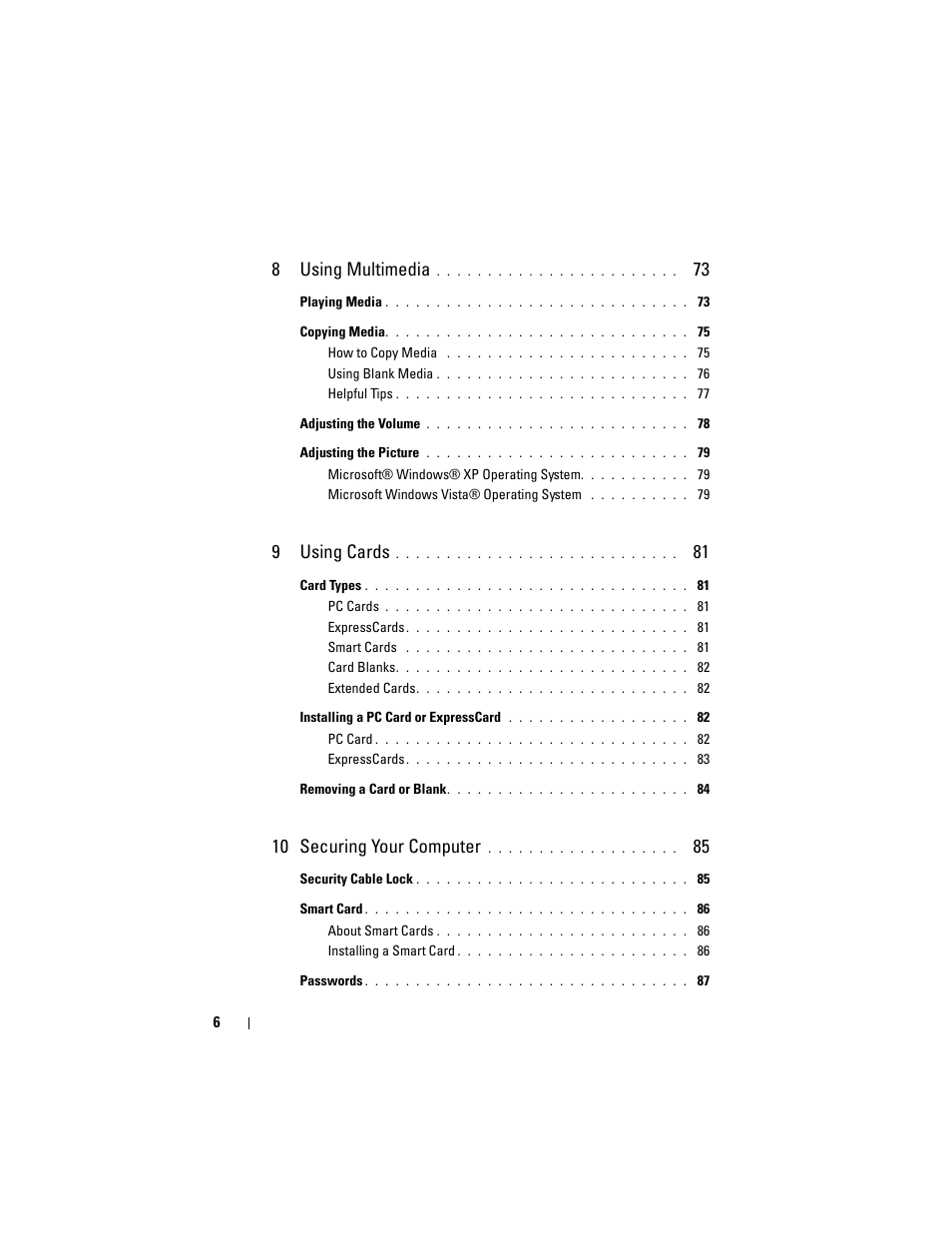 8 using multimedia, 9 using cards, 10 securing your computer | Dell Latitude D630C (Late 2008) User Manual | Page 6 / 218