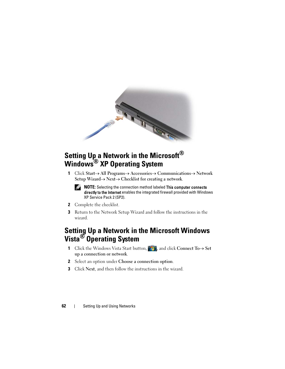 Setting up a network in the microsoft, Windows, Xp operating system | Operating system | Dell Latitude D630C (Late 2008) User Manual | Page 62 / 218