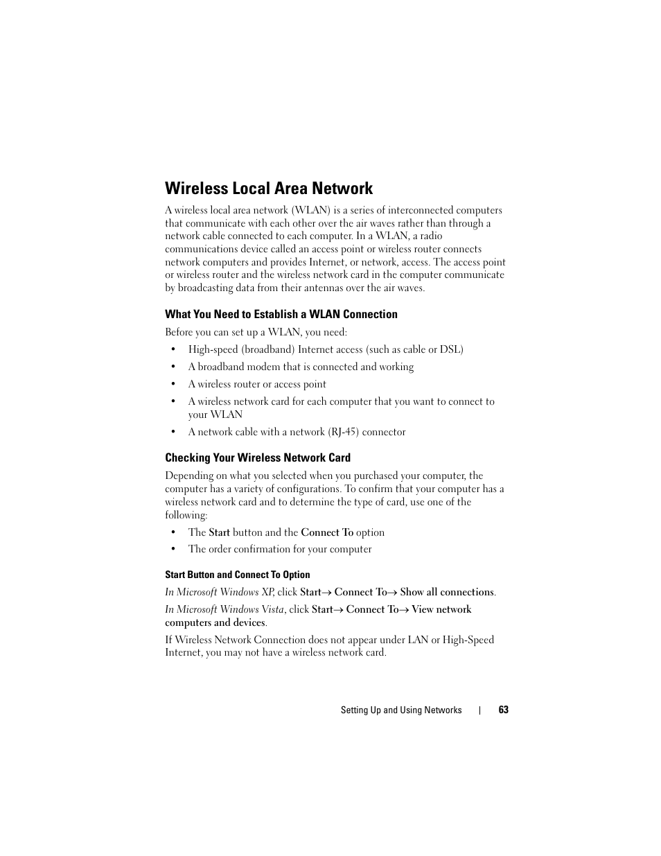 Wireless local area network, What you need to establish a wlan connection, Checking your wireless network card | Dell Latitude D630C (Late 2008) User Manual | Page 63 / 218