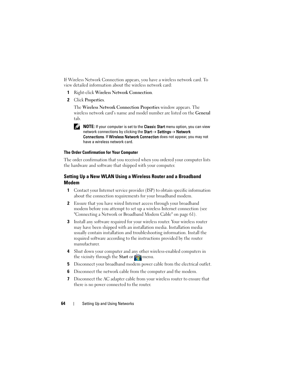 Setting up a new wlan using a, Wireless router and a broadband modem | Dell Latitude D630C (Late 2008) User Manual | Page 64 / 218