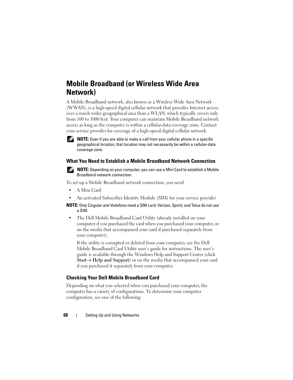 Mobile broadband (or wireless wide area network), Checking your dell mobile broadband card, What you need to establish a | Mobile broadband network connection | Dell Latitude D630C (Late 2008) User Manual | Page 68 / 218