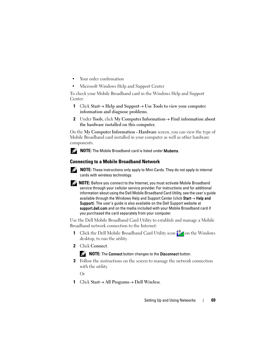 Connecting to a mobile broadband network | Dell Latitude D630C (Late 2008) User Manual | Page 69 / 218