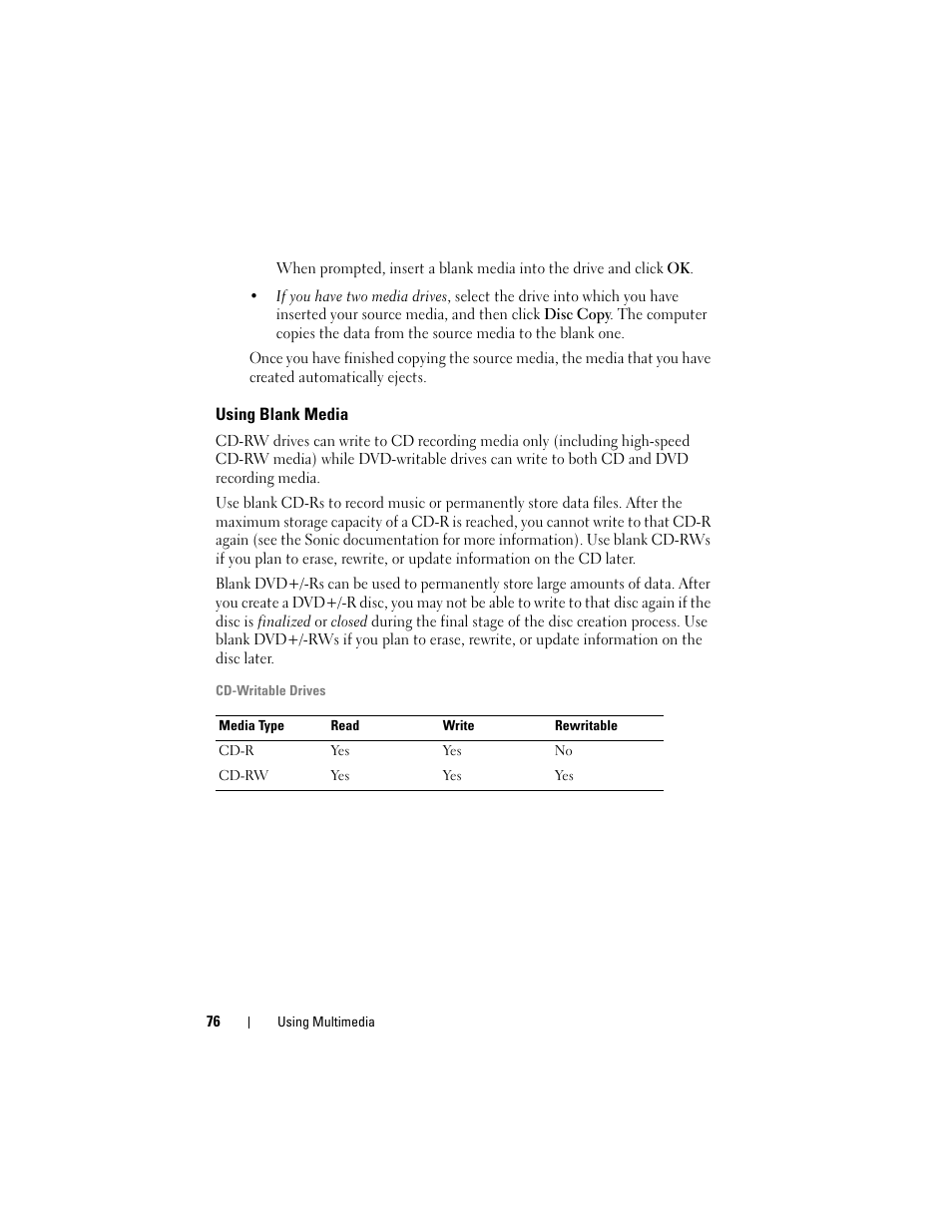 Using blank media | Dell Latitude D630C (Late 2008) User Manual | Page 76 / 218