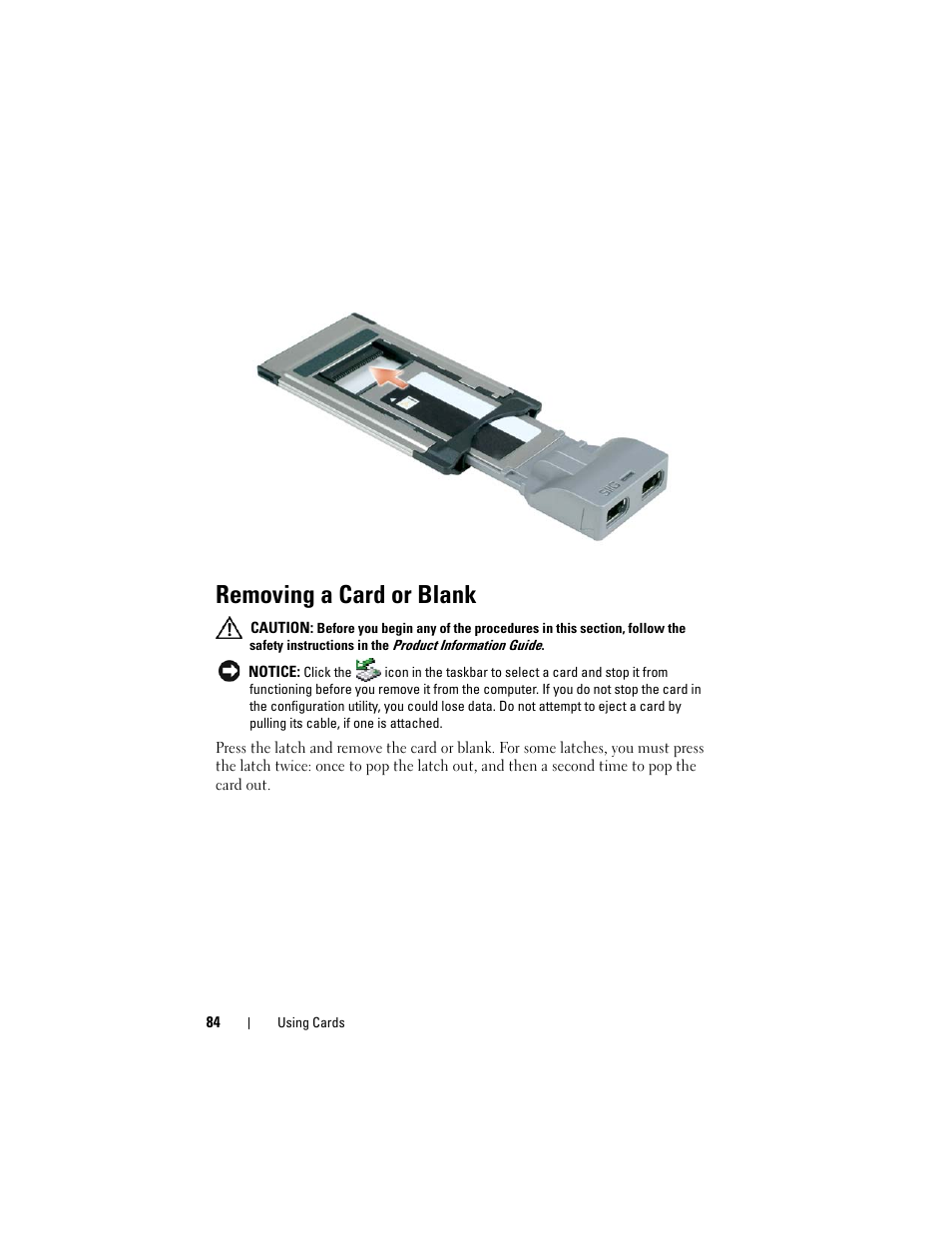 Removing a card or blank | Dell Latitude D630C (Late 2008) User Manual | Page 84 / 218