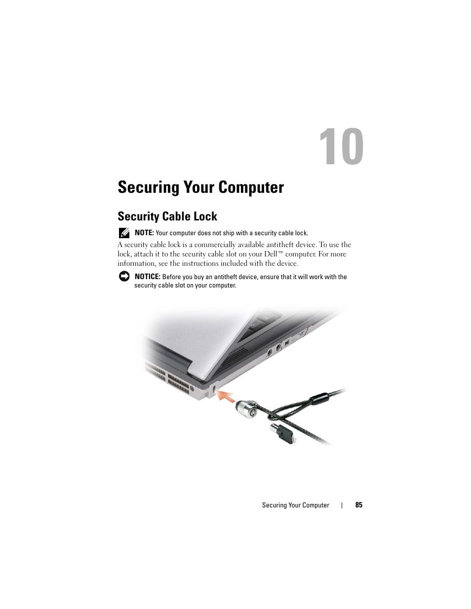 Securing your computer, Security cable lock | Dell Latitude D630C (Late 2008) User Manual | Page 85 / 218