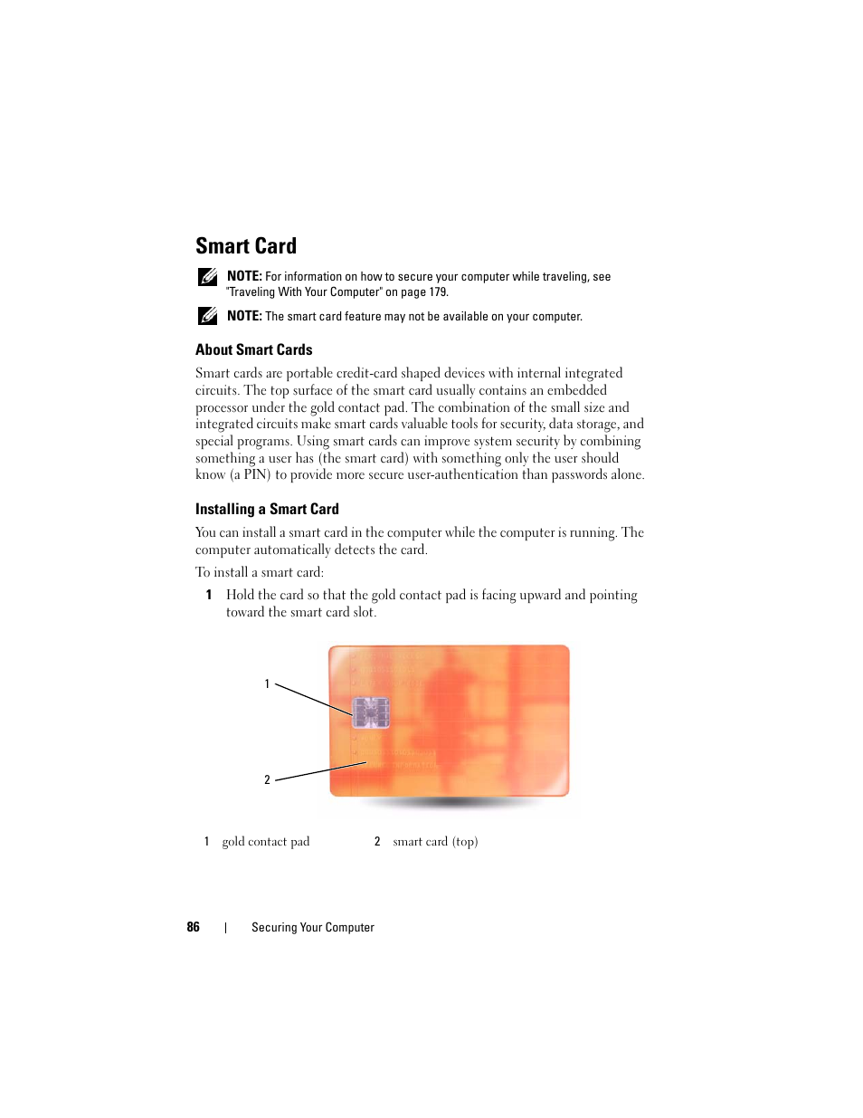 Smart card, About smart cards, Installing a smart card | Dell Latitude D630C (Late 2008) User Manual | Page 86 / 218