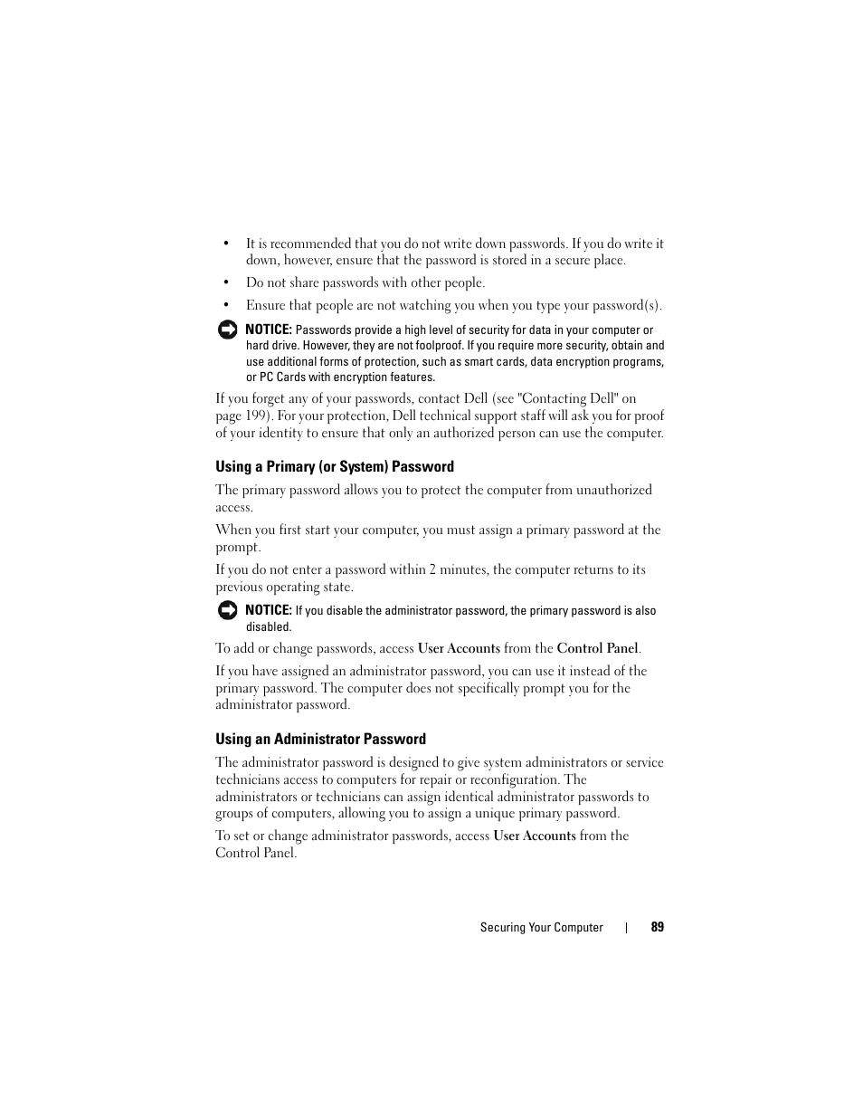 Using a primary (or system) password, Using an administrator password | Dell Latitude D630C (Late 2008) User Manual | Page 89 / 218