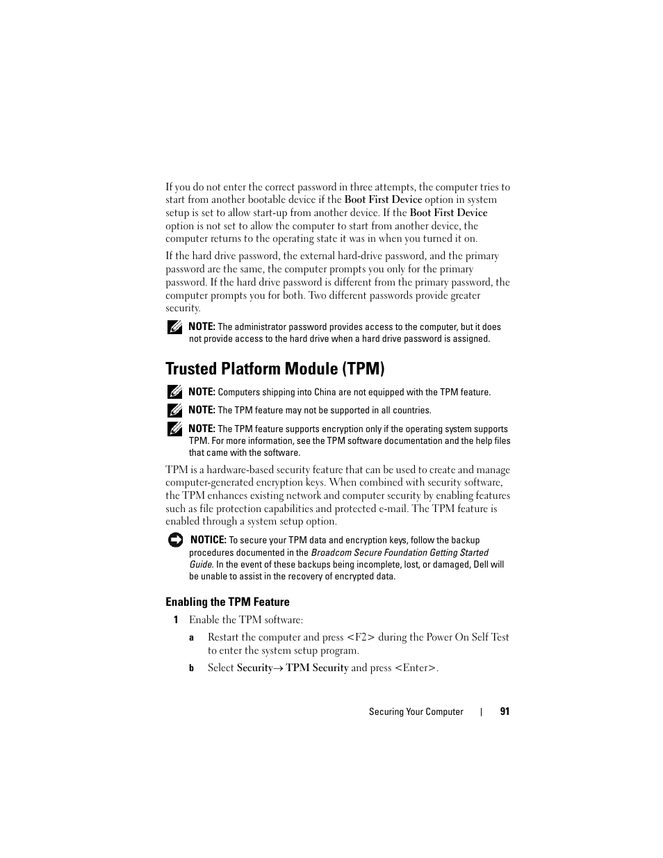 Trusted platform module (tpm), Enabling the tpm feature | Dell Latitude D630C (Late 2008) User Manual | Page 91 / 218