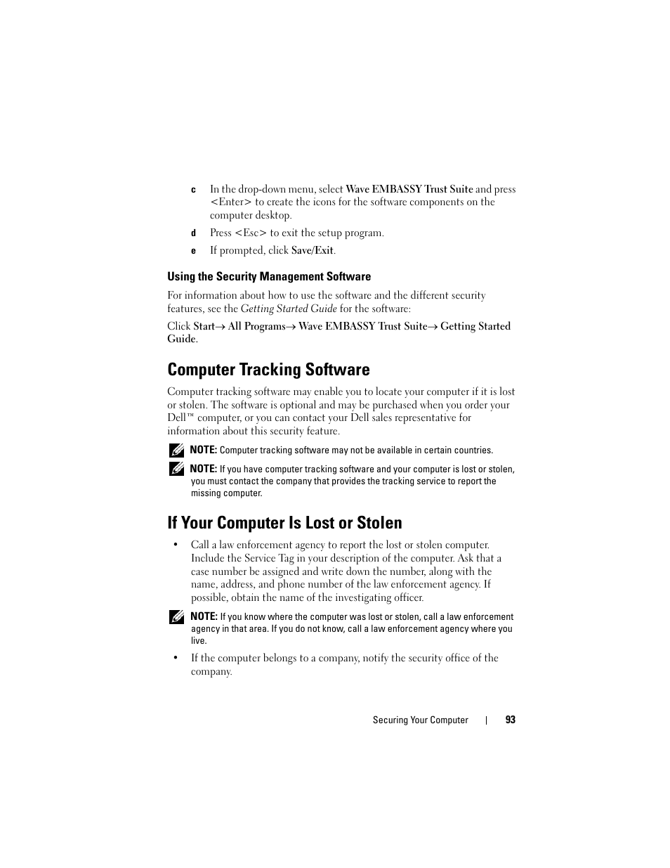 Using the security management software, Computer tracking software, If your computer is lost or stolen | Dell Latitude D630C (Late 2008) User Manual | Page 93 / 218