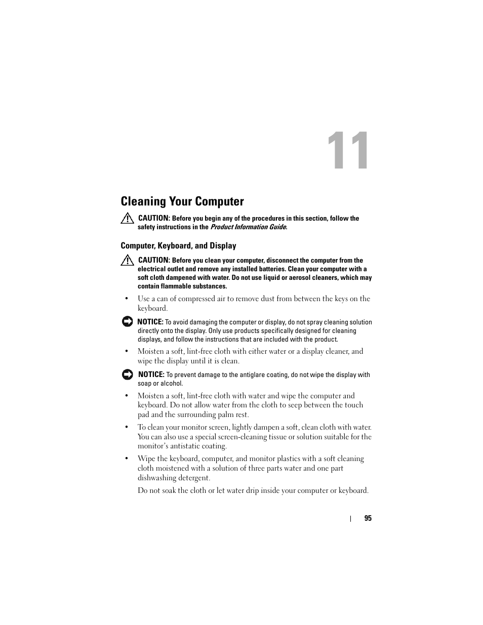Cleaning your computer, Computer, keyboard, and display | Dell Latitude D630C (Late 2008) User Manual | Page 95 / 218