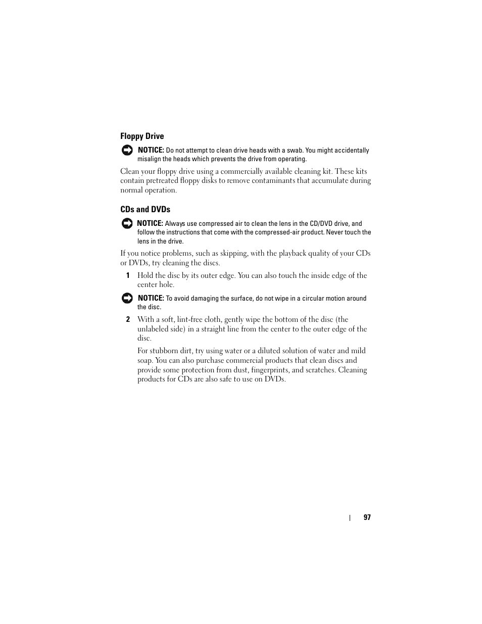Floppy drive, Cds and dvds | Dell Latitude D630C (Late 2008) User Manual | Page 97 / 218